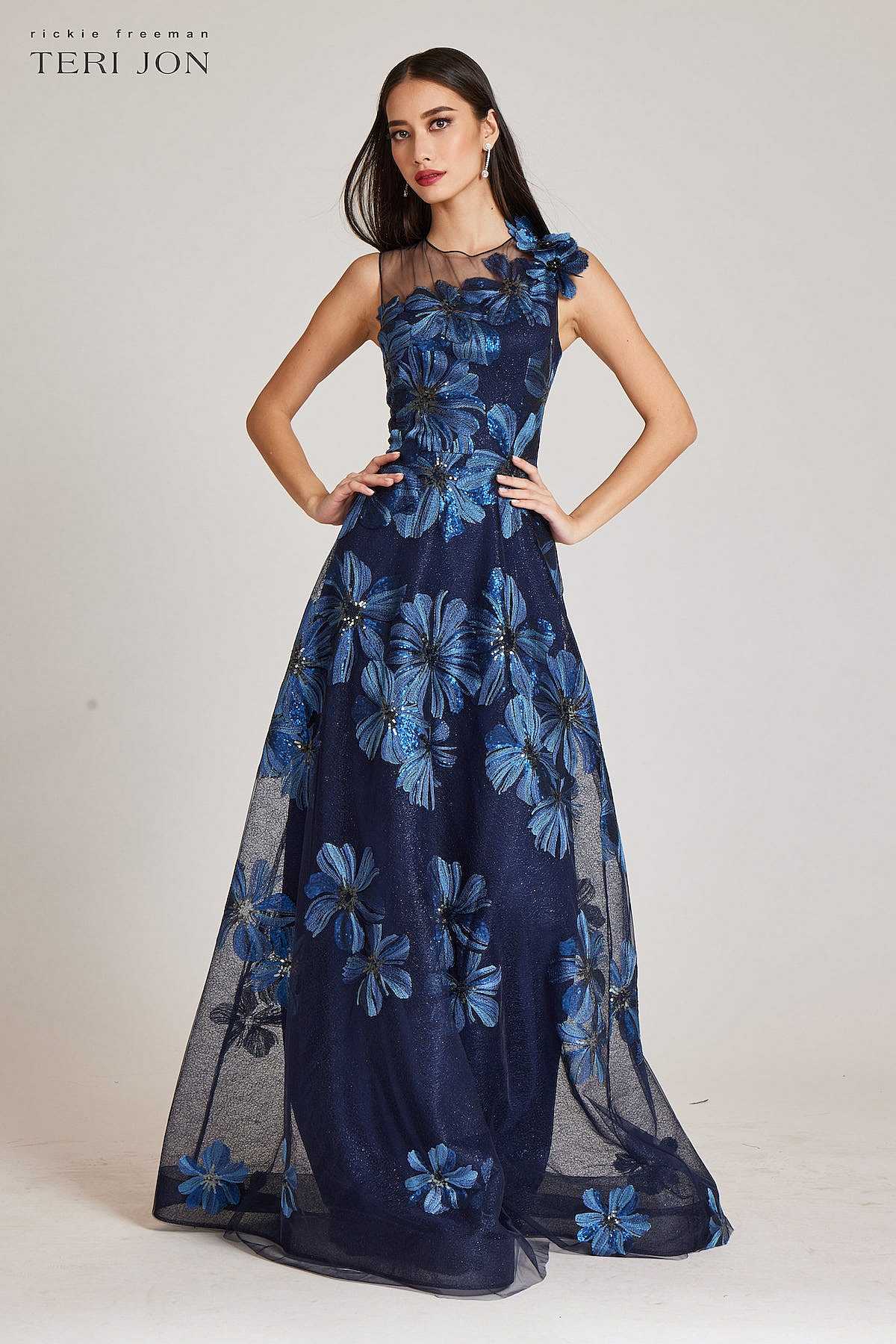 Floral Embroidered Tulle Gown With 3D Flower-Teri Jon Hot – Teri Jon Dresses