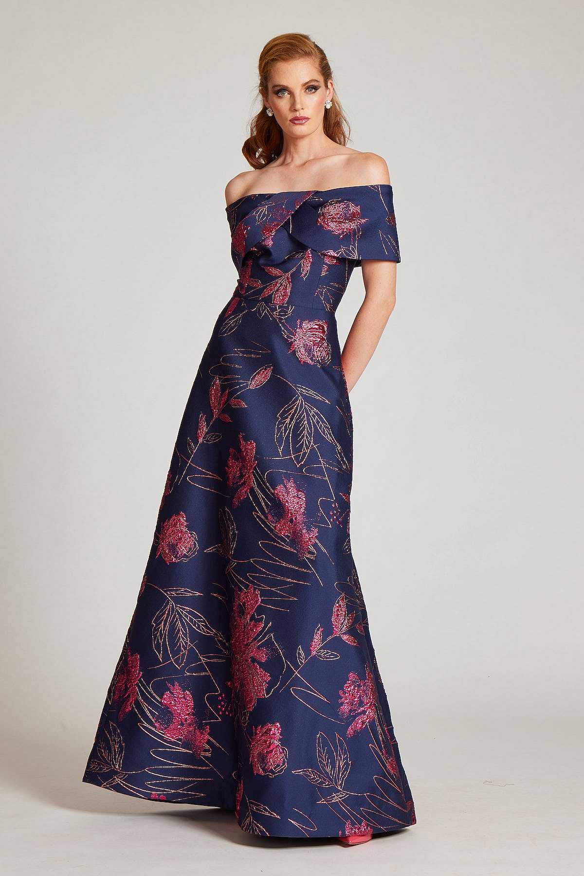 Off The Shoulder Stretch Velvet Portrait Collar Column Gown